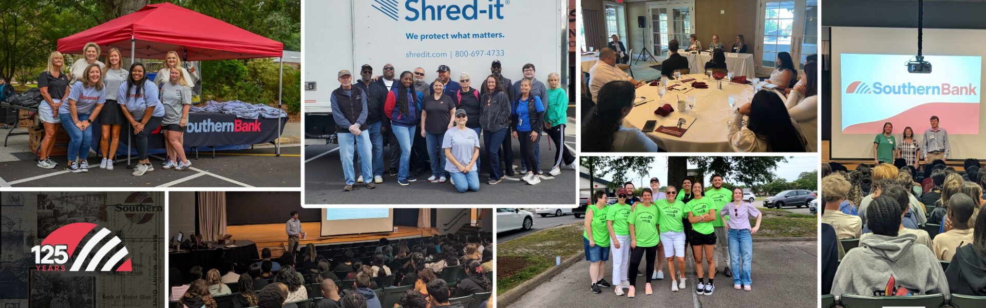 Group of volunteers posing outside a Southern Bank event, with a Shred-it truck and a red canopy in the background.