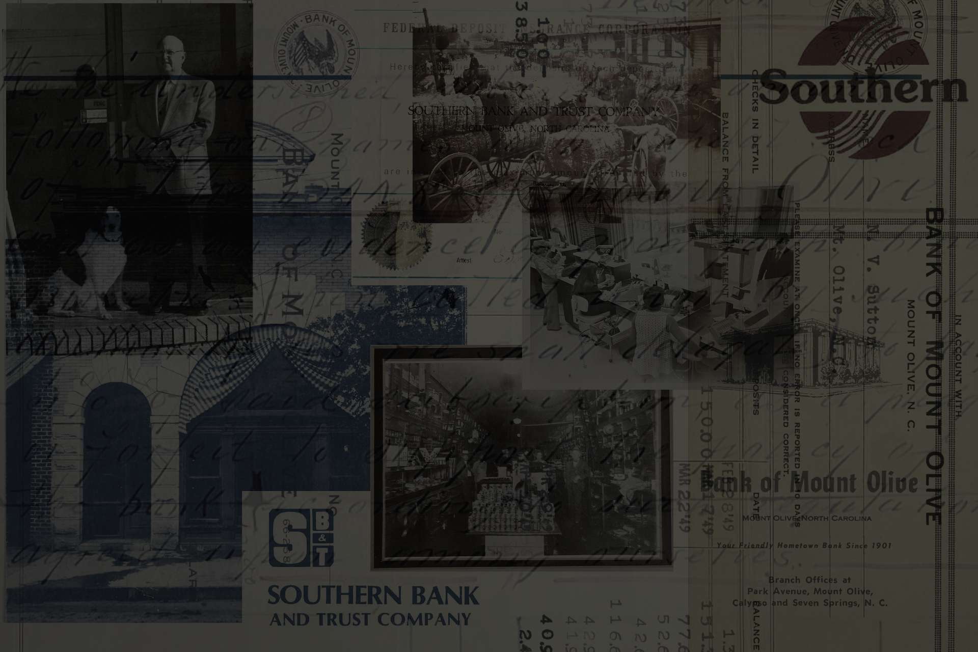 Collage of vintage banknotes, checks, and old photographs with 'Southern Bank and Trust Company' text.