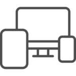 Outline icon of a desktop monitor flanked by a tablet on the left and a smartphone on the right, representing multi-device compatibility.